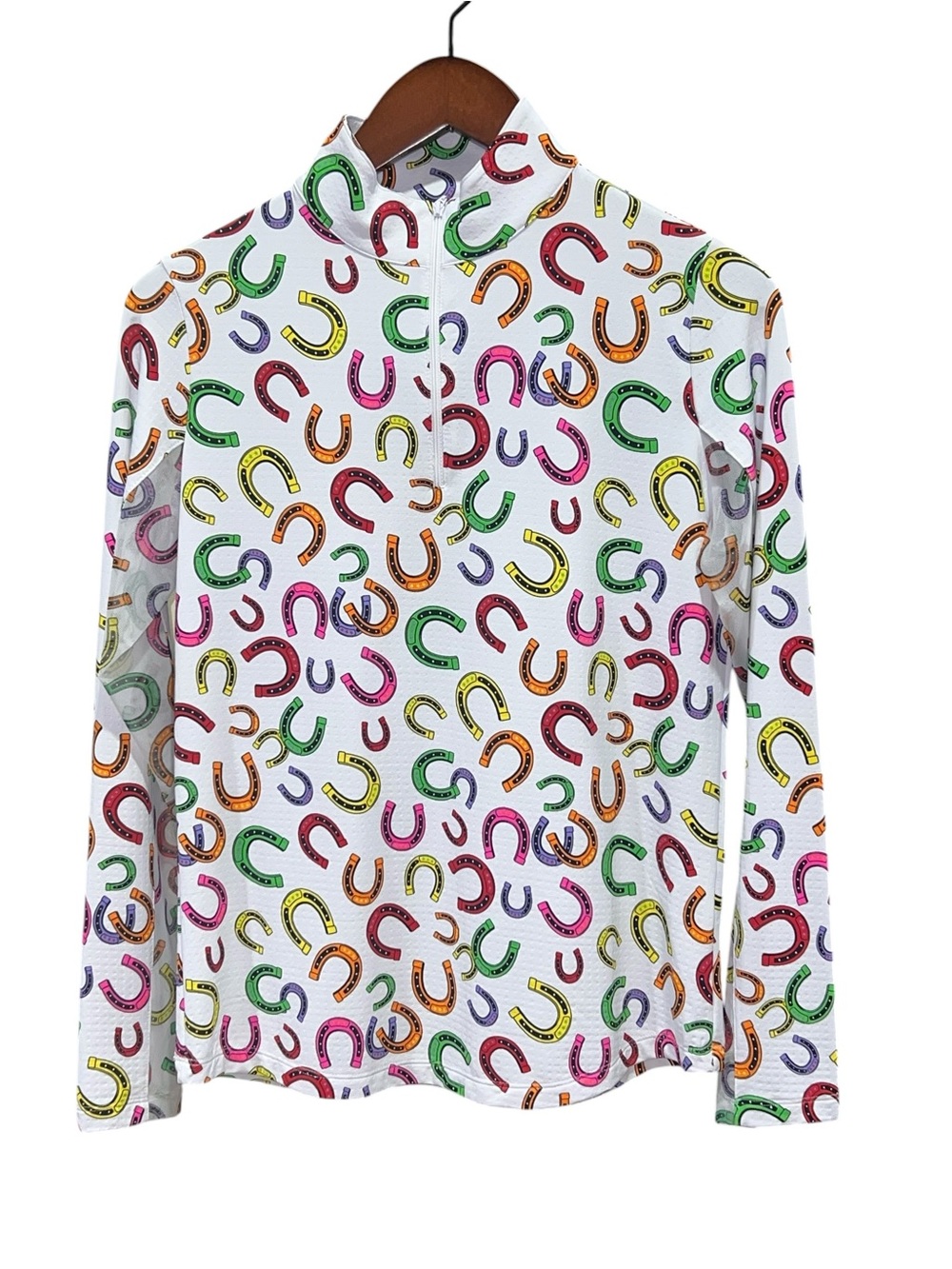 IBKUL Multicolor Horseshoe Print White Long Sleeve Performance Golf Top Small